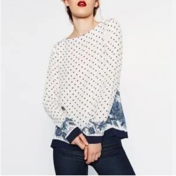 Zara Paisley & Geometric Polkadot Long Sleeve White & Blue Pattern Blouse Medium - Picture 1 of 12